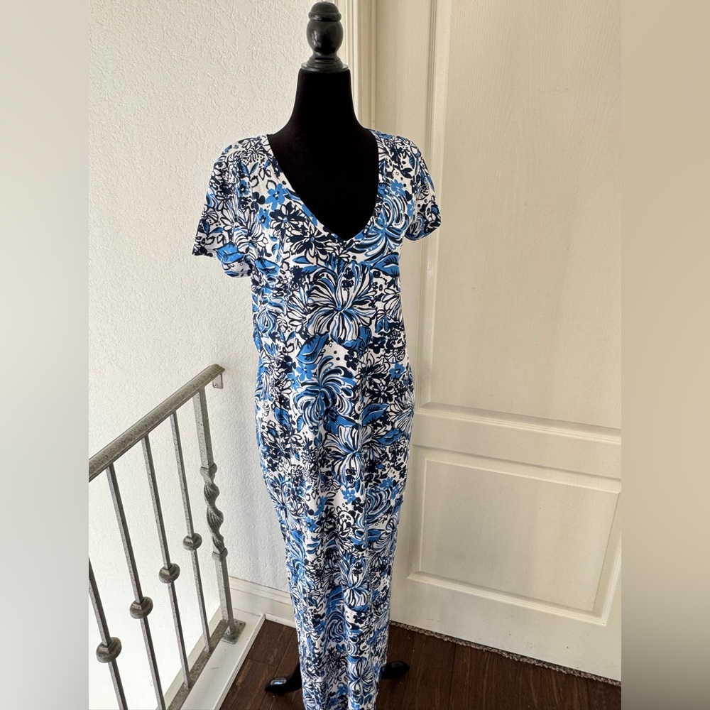 Lilly Pulitzer Sz Large Etta Maxi Dress Blue White Low Tide Navy Pandarama - Picture 2 of 10